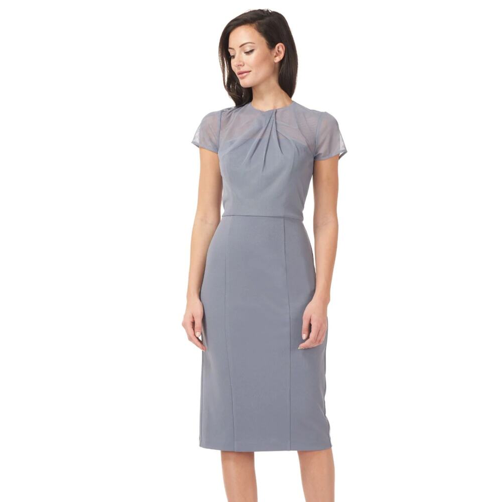 JS COLLECTIONS Slate‎ Blue Short Sleeve Illusion Cocktail Midi Dress Size 16